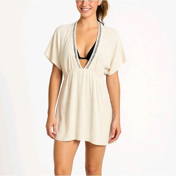 Michael Kors Swim Cover Womens Sz S Ivory Linen Blend Baby Doll Tunic V Neck Top - Picture 1 of 6